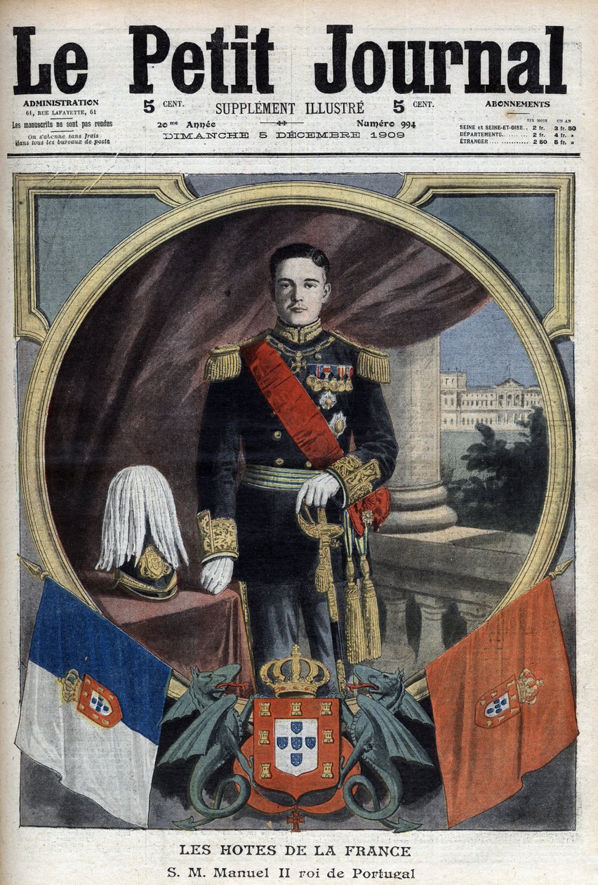 Porträt von Manuel II., König von Portugal (1889-1932) während seines Besuchs in Paris - „Le Petit Journal“ vom 5. Dezember von French School