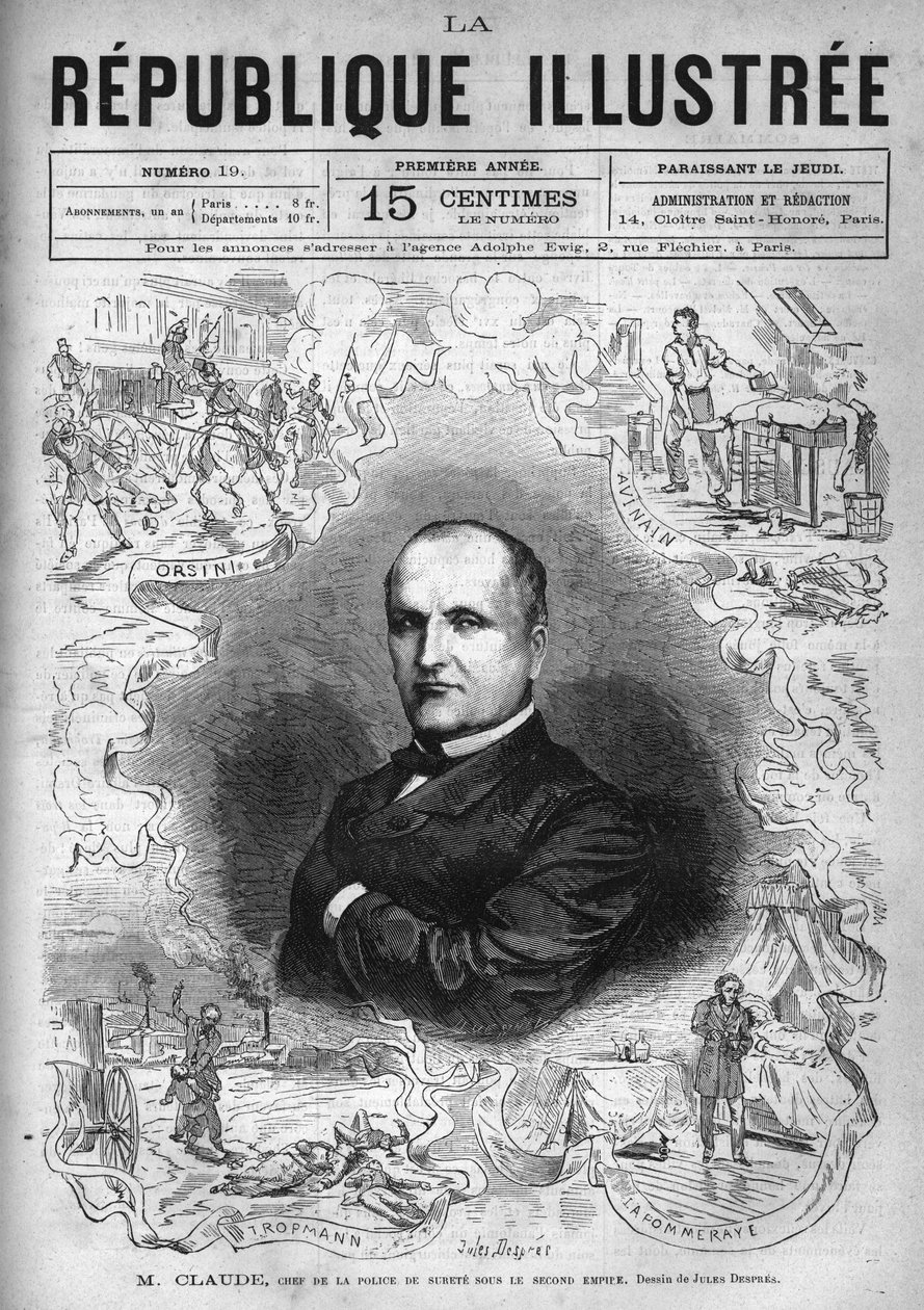 Porträt von Monsieur Claude (Antoine Francois Claude dit) (1807-1880), französischer Polizist und Schriftsteller, Chef der Sicherheitspolizei unter dem Zweiten Kaiserreich. Eine Zeitung. Gravur von 1880 in „La republique illustree“ private Sammlung. von French School