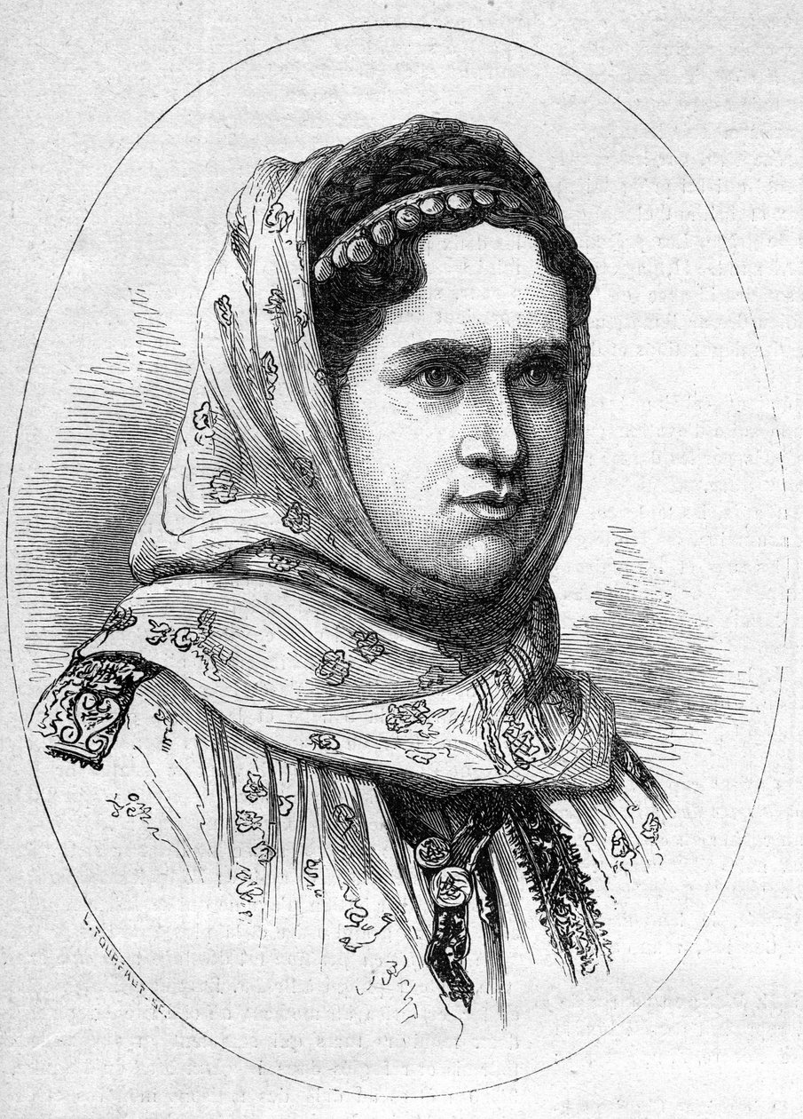 Porträt der Prinzessin von Rumänien Elisabeth Pauline Ottilie Louise de Wied (1839-1914), Ehefrau des zukünftigen Königs Karl I. von Rumänien. Gravur in „Le Monde Illustré“ Nr. 1054 vom 23. Juni 1877 von French School