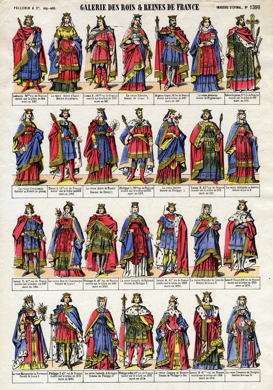 Porträt der Könige und Königinnen von Frankreich aus der Kapetingischen Dynastie von Lothaire bis Ludwig X. Epinal-Bildgebung Ende des 19. Jahrhunderts. Private Sammlung. von French School