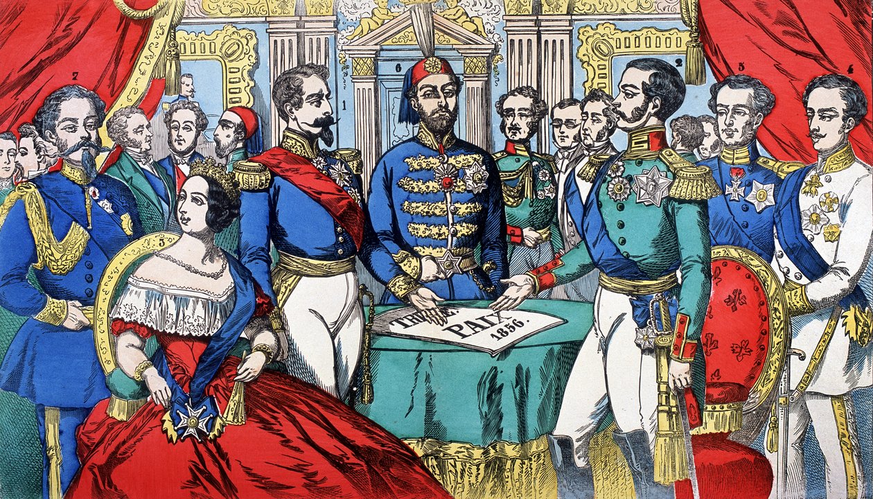 Porträt der Herrscher Europas während des Friedensvertrags 1856: von links nach rechts, Victor Emmanuel II (Victor Emmanuel) (Vittorio Emanuele), König von Sardinien, Victoria, Königin von England, Napoleon III., Türkischer Kaiser, Alexander II., König von von French School