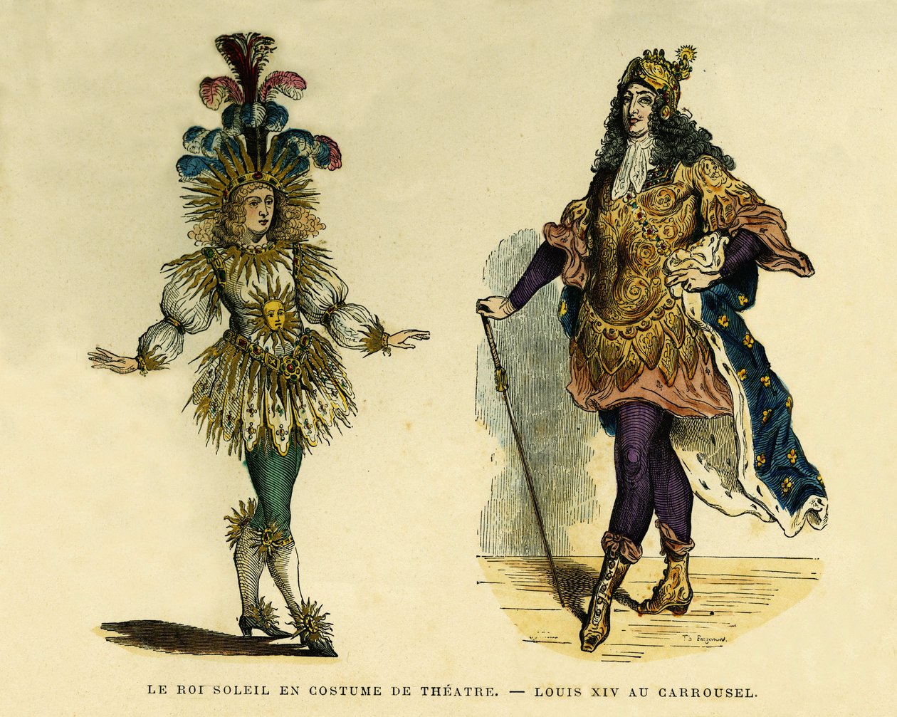Porträts von König Ludwig XIV. (1638-1715), im Theaterkostüm und Karussell. Farbgravur, in „Frankreich und die Franzosen durch die Jahrhunderte“ von Augustin Challamel, F. Roy Herausgeber, Paris 1882. Sammlung Selva. von French School