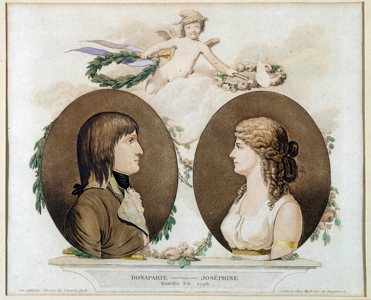 Porträts von Napoleon Bonaparte (1769-1821) und Joséphine de Beauharnais (1763-1814), verheiratet 1796. Anonyme Aquarell um 1800. Malmaison, Schlossmuseum von French School