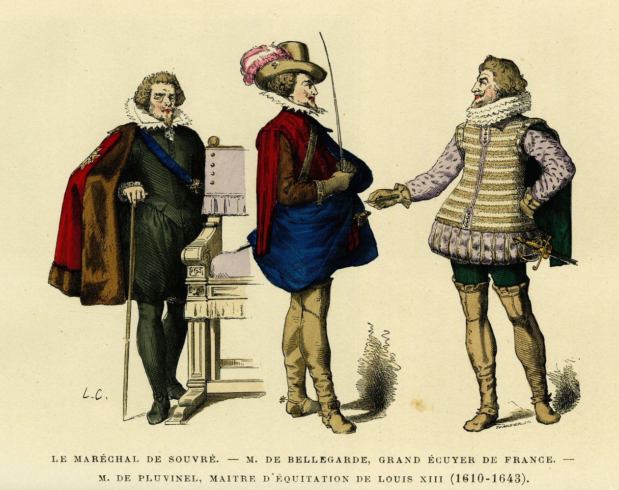 Porträts des Marschalls von Souvre (gestorben 1626), von Roger de Saint Lary, Herzog von Bellegarde (1562-1646), Großstallmeister von Frankreich und Antoine de Pluvinel (1556-1605), Reitlehrer von Ludwig XIII. (1610-1643). Farbstich, in „Frankreich und die von French School