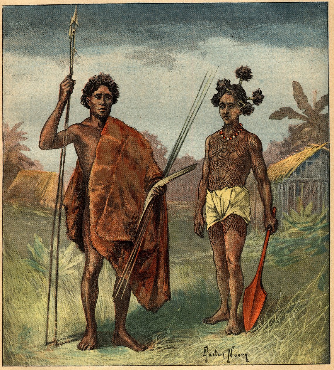 Porträts von zwei indigenen Menschen aus dem Marringong-Stamm, New South Wales (Australien). Gravur in „La Terre Illustrée“ Nr. 97 vom 8. September 1892 von French School