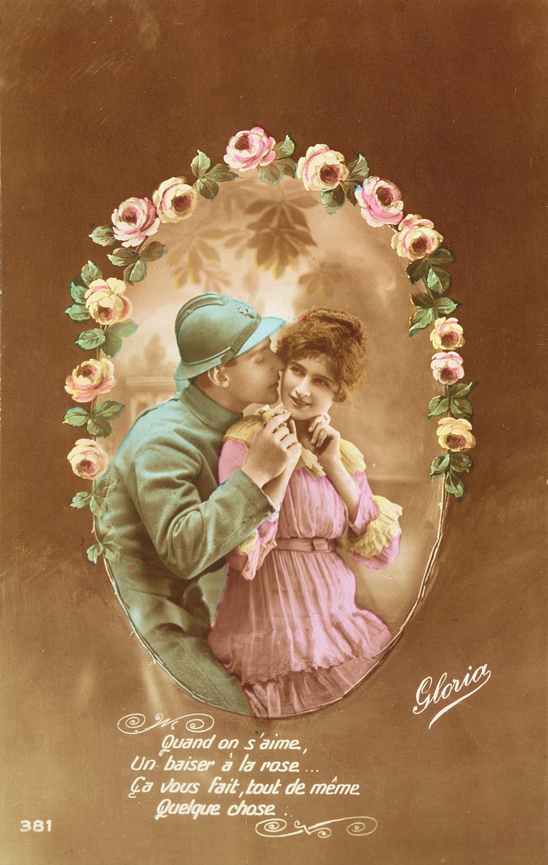 Postkarte, die einen französischen Soldaten und seine Geliebte darstellt, 1914-18 von French School