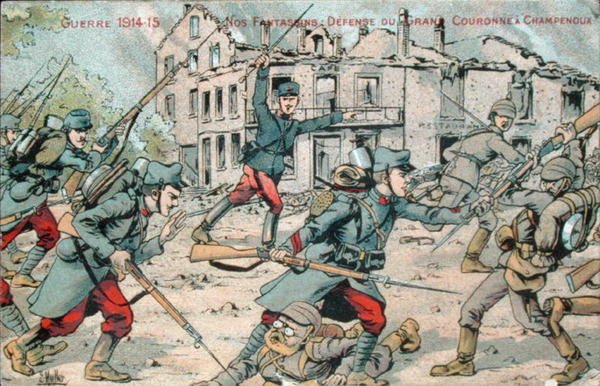 Postkarte, die die französische Infanterie bei der Verteidigung von Champenoux darstellt von French School