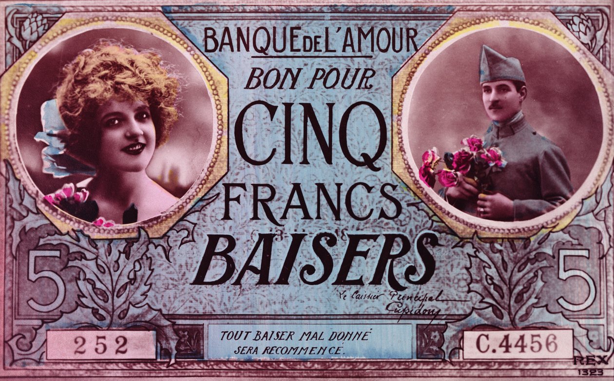 Postkarte in Form eines Gutscheins für fünf Küssefranken von der Bank der Liebe, 1914-18 von French School