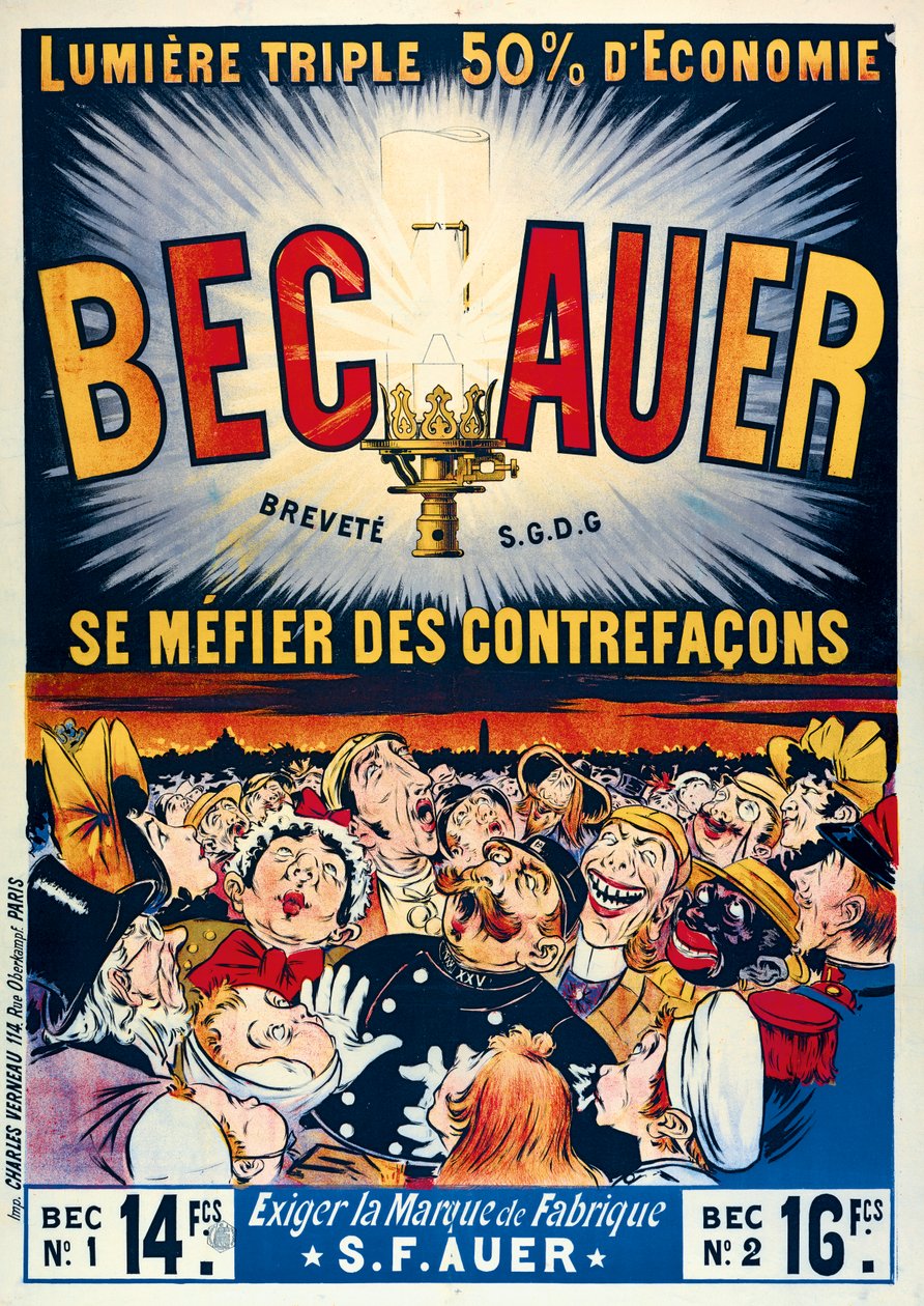 Plakat, das Becauer-Petroleumlampen bewirbt, gedruckt von Charles Verneau, 1890 von French School