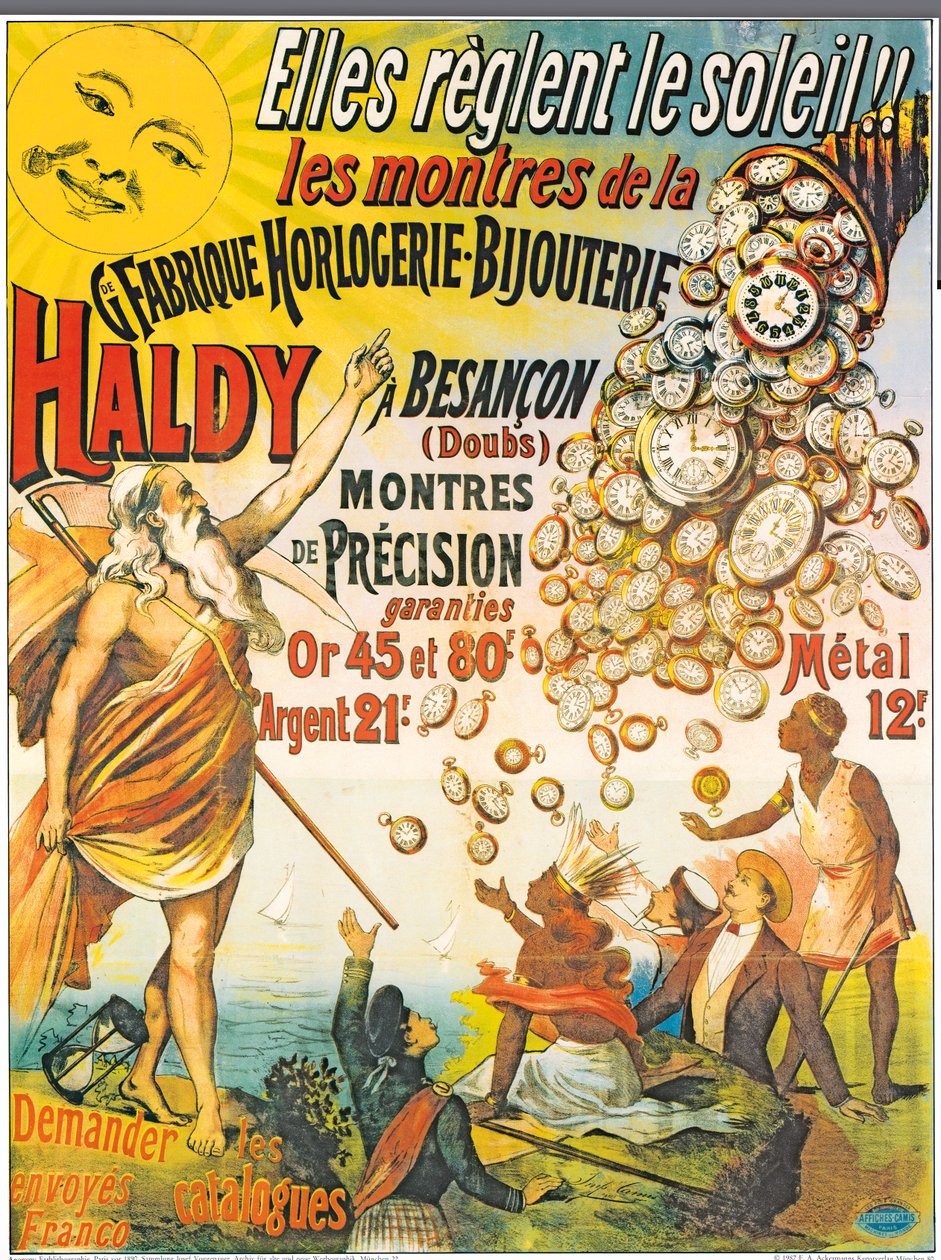 Plakat, das Horlogerie-Bijouterie Haldy bewirbt, vor 1890 von French School