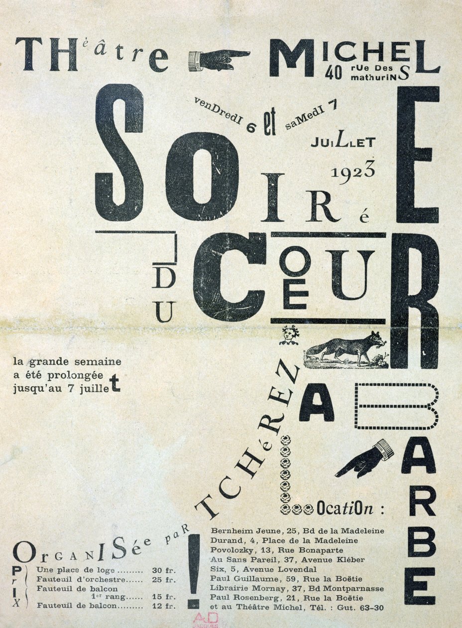 Plakat, das die Soiree du Coeur a Barbe im Theatre Michel bewirbt, 6. und 7. Juli 1923 von French School