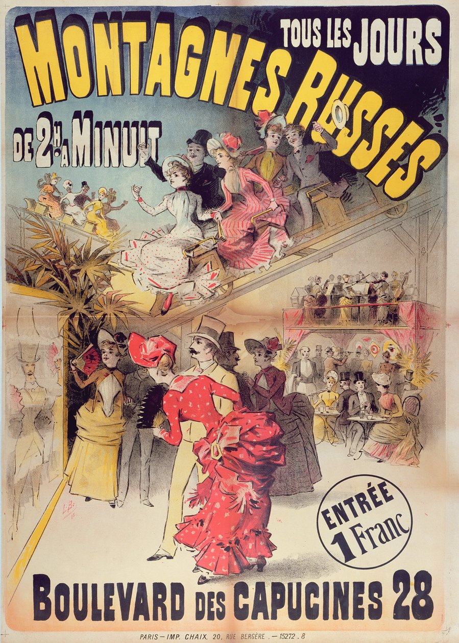 Plakat, das die Montagnes Russes Achterbahn im Boulevard des Capucines, Paris, 1888 bewirbt von French School