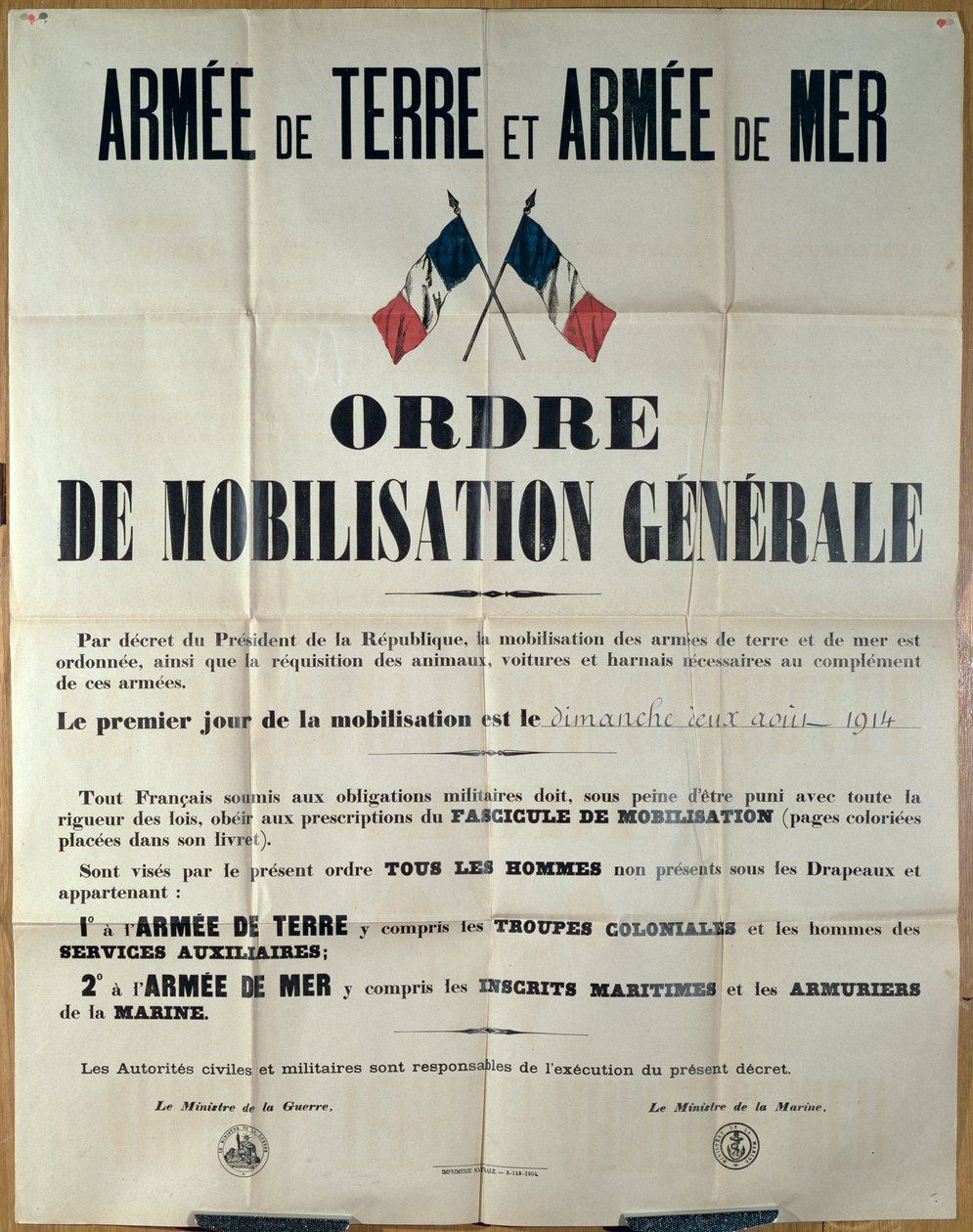 Plakat zur Generalmobilmachung in Frankreich, 2. August 1914, vom Ministerium für Krieg und Marine von French School