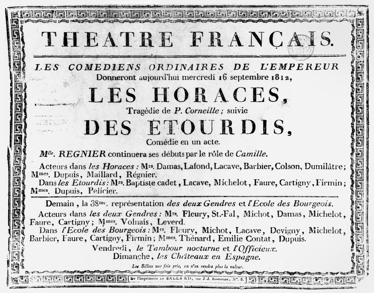 Plakat für die Aufführung von Les Horaces von Pierre Corneille (1606-84) im Theatre Francais in Paris, 1812 von French School