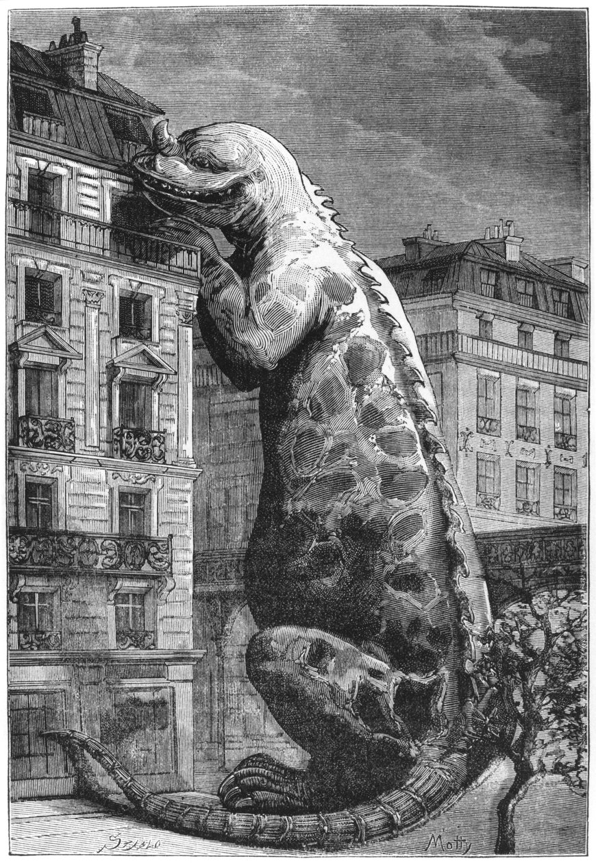 Prähistorisches Monster in einer modernen Stadt, graviert von Motty (19. Jahrhundert) Illustration aus Le Monde Avant la Création de l