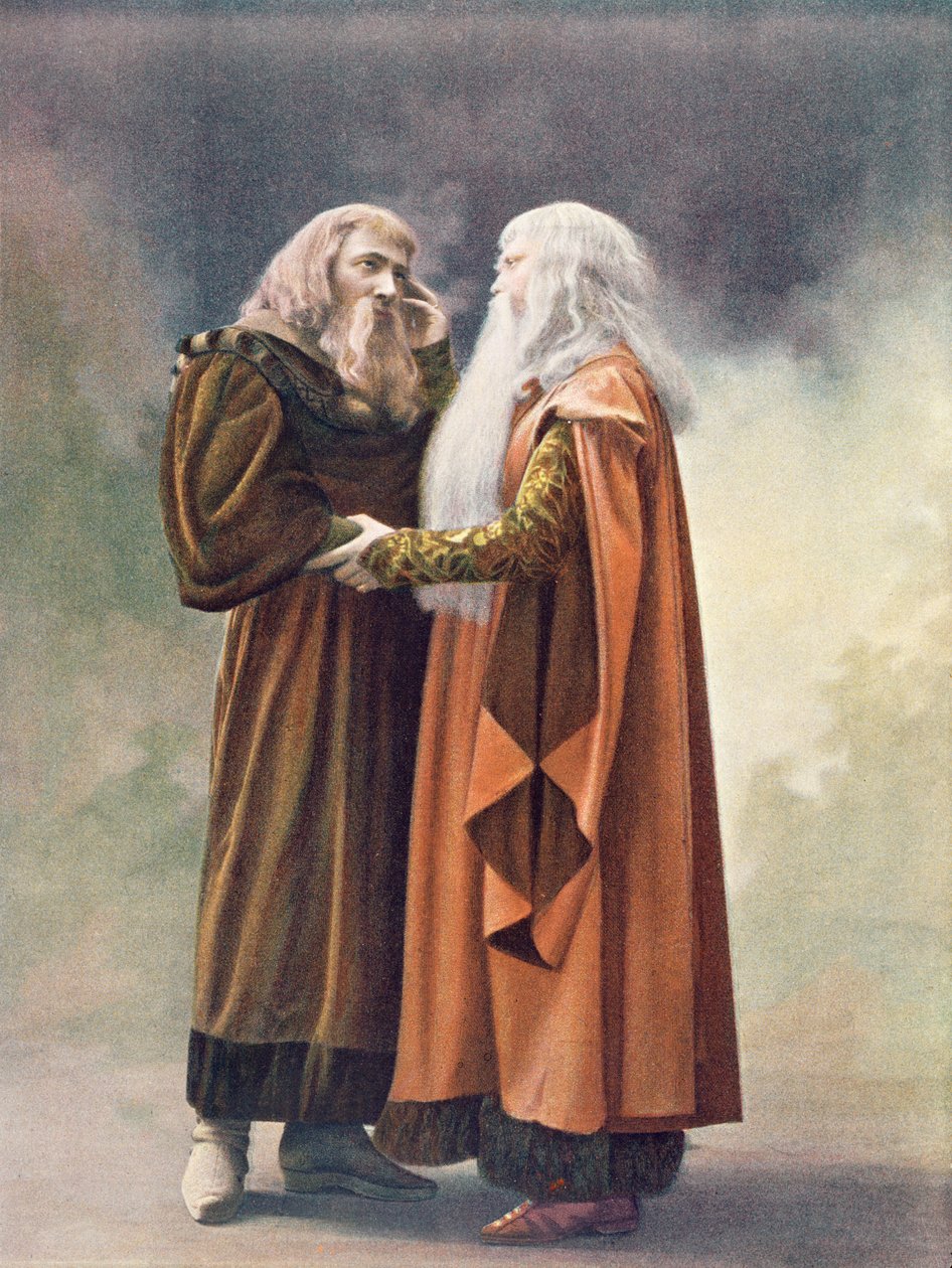 Prinz Golaud und sein Großvater, König Arkel, in Pelléas und Mélisande von Debussy, aus einem Foto der ersten Aufführung im April 1902 der Oper an der Opéra-Comique in Paris, Illustration in Theatre Magazine von French School