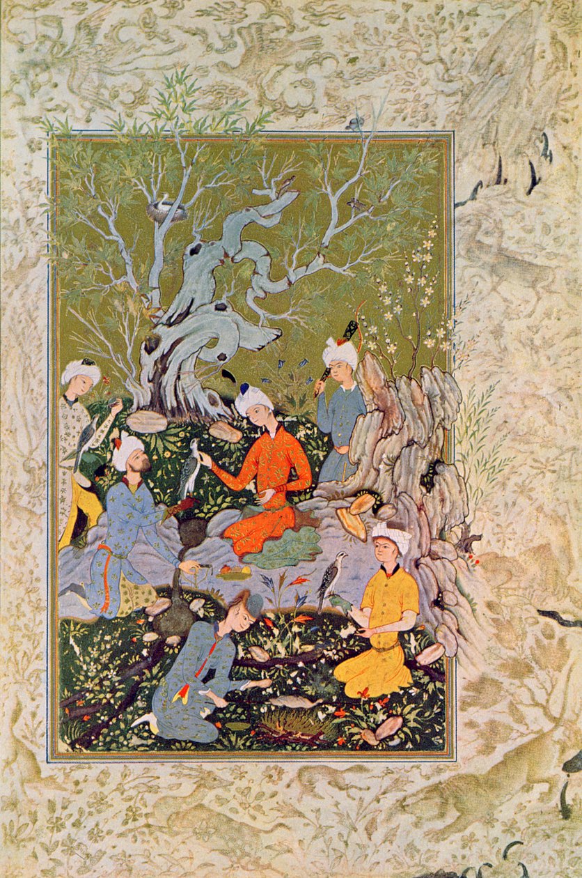 Prinz auf der Jagd mit Falken, Illustration für Tausendundeine Nacht, 1895 (Farbstich) von French School