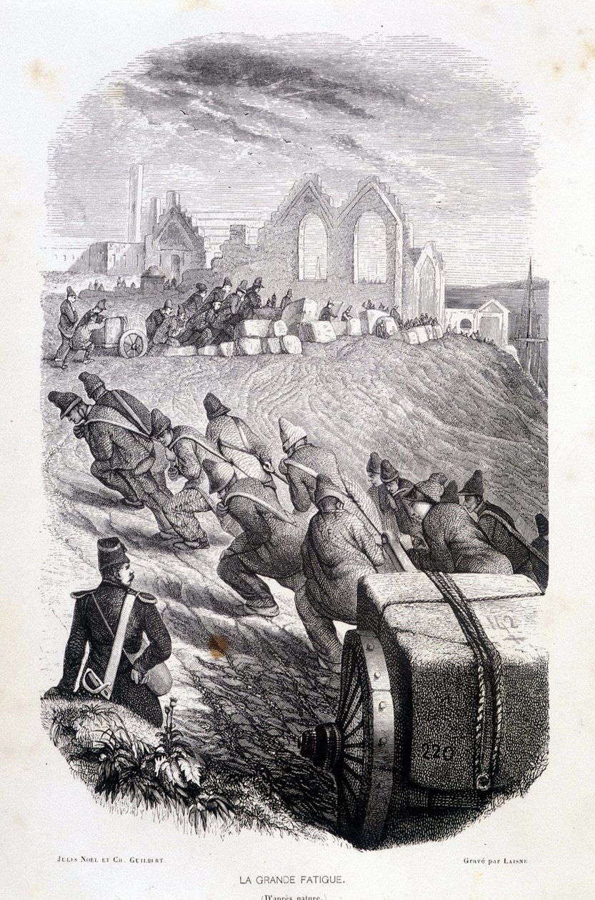 Gefangene ziehen Steinblöcke aus einem Steinbruch, „Les Bagnes: histoire, types, mores, mystère“ von Maurice Alhoy, Hrsg. Gustave Havard von French School