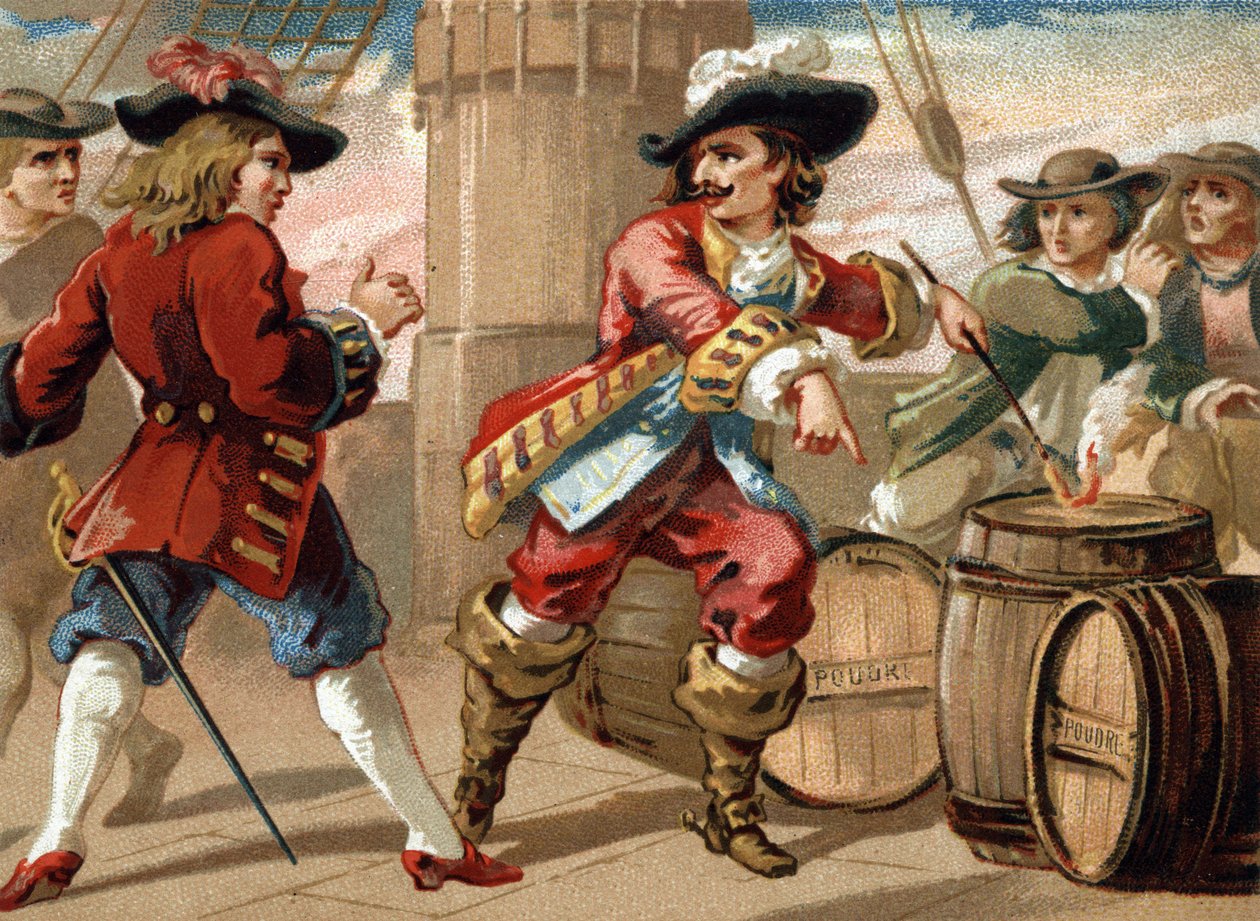 Freibeuter Jean Bart (1650-1702) bedrohte einen englischen Freibeuter, der ihn gefangen nahm, indem er ihm drohte, sein Schiff in die Luft zu sprengen, indem er ein Pulverfass in Brand setzte. Chromolithographie aus dem späten 19. Jahrhundert von French School