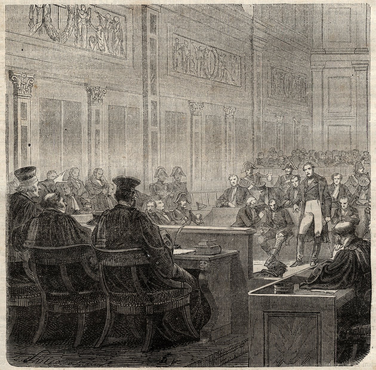 Prozess vor dem Königlichen Gerichtshof von Poitiers gegen General Jean Baptiste Breton (Jean-Baptiste) genannt Berton (1769-1822) im Jahr 1822 von French School