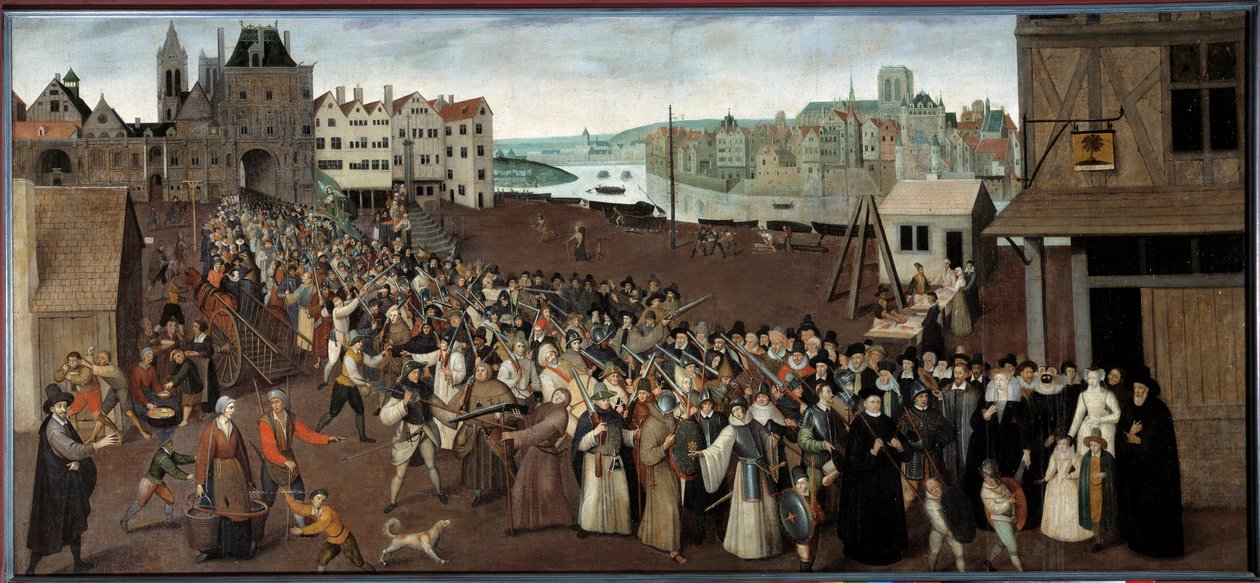 Prozession der Liga auf dem Place de Greve, die den Arkaden von Saint Jean in Paris verlässt von French School
