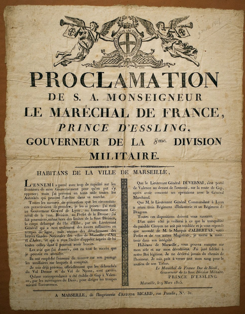 Proklamation an die Einwohner der Stadt Marseille, datiert 9. März von French School