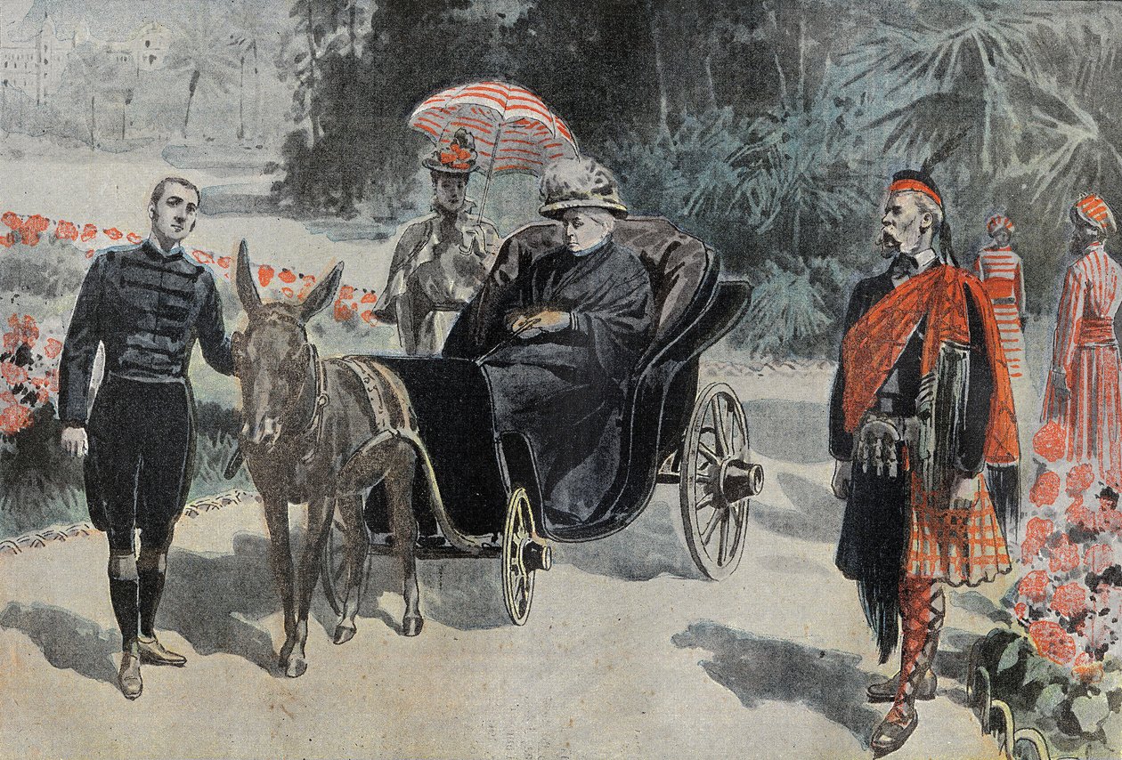 Spaziergang von Victoria I (1837-1901) Königin von England, im Park des Hotel Cimiez bei Nizza. Gravur in „Le Pelerin“ 26.03.1899. von French School