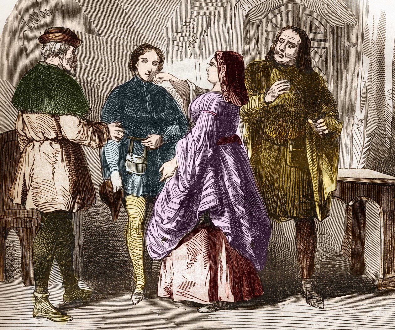 Prostitutionsszene in Paris am Ende des Mittelalters, Gravur in „Die Geschichte der Prostitution und Ausschweifung“ von Dr. Th. -F. Debray, 1879 von French School