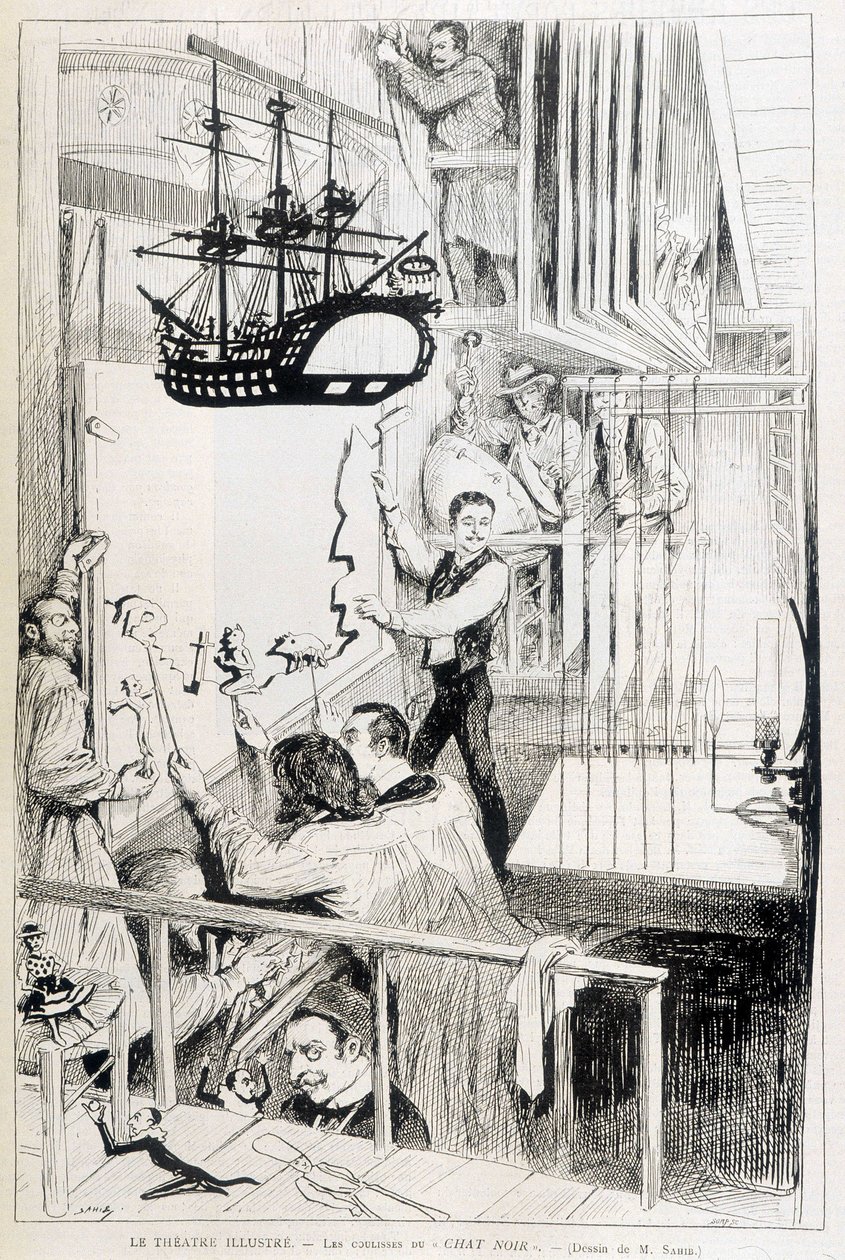 Puppenspieler hinter den Kulissen des Chat Noir, Pariser Kabarett - in „Le Monde illustré“ vom 28.01.1888 von French School