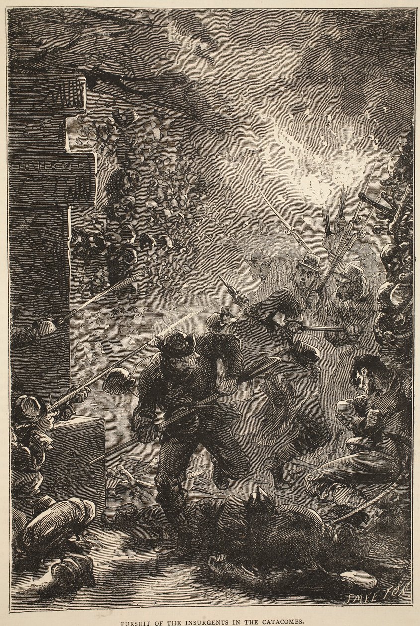 Verfolgung der Aufständischen in den Katakomben, Mai 1871, Illustration aus Cassells Geschichte des Krieges zwischen Frankreich und Deutschland, 1870-1871 von French School