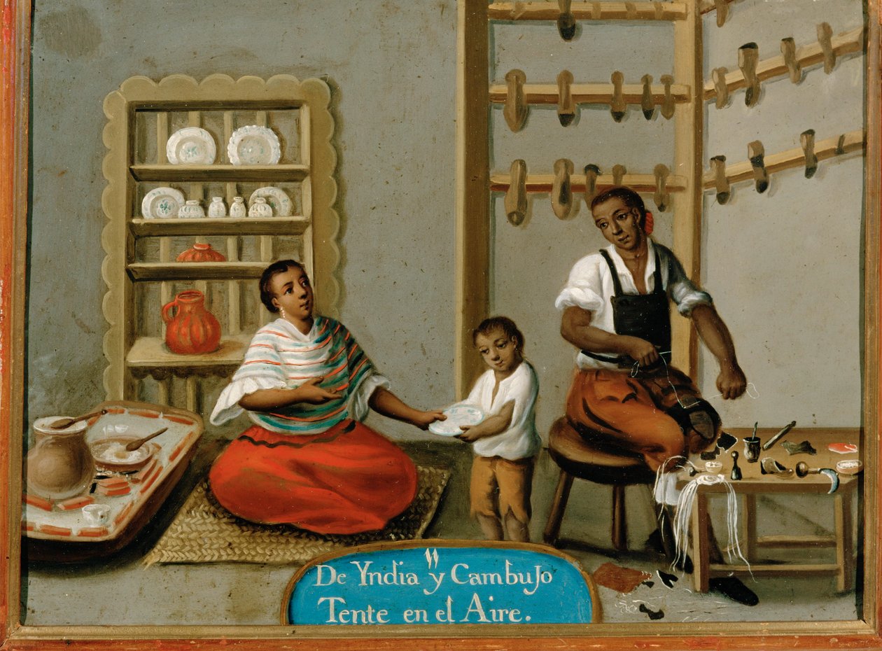 Rassen in Mexiko: Mestizo-Schuhmacher und Keramikhändler in ihrer Werkstatt von French School