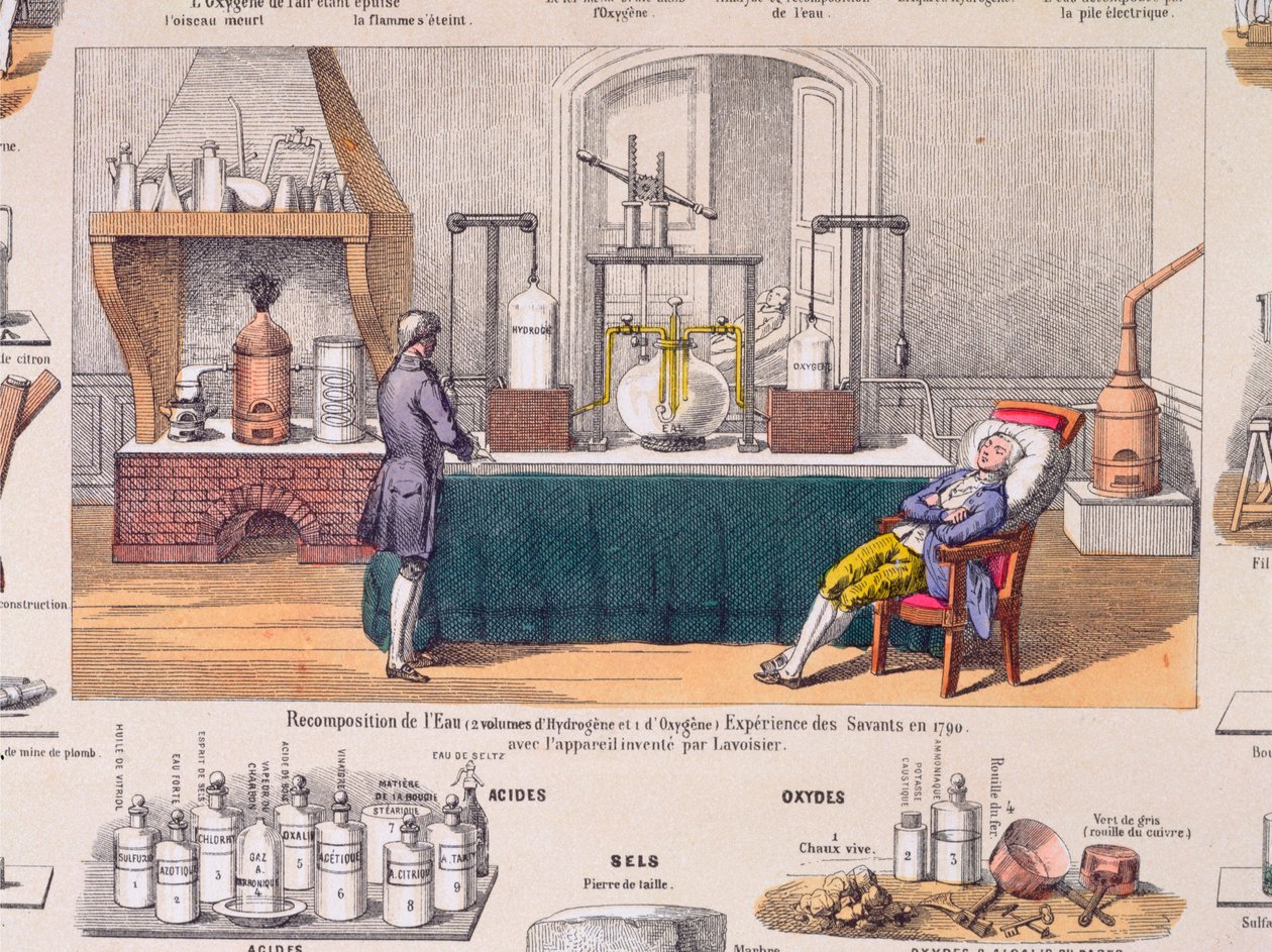 Rekomposition von Wasser aus Wasserstoff und Sauerstoff: Antoine Laurent de Lavoisier (1743-94) experimentiert mit der Atmung eines ruhenden Mannes, Illustration aus einer Lehrtafel, ca. 1860 von French School
