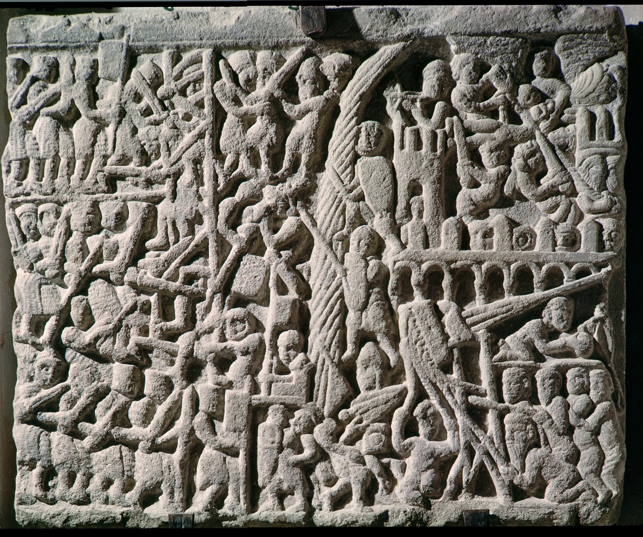 Relief, das die Belagerung von Carcassonne durch Simon de Montfort im Jahr 1209 darstellt von French School