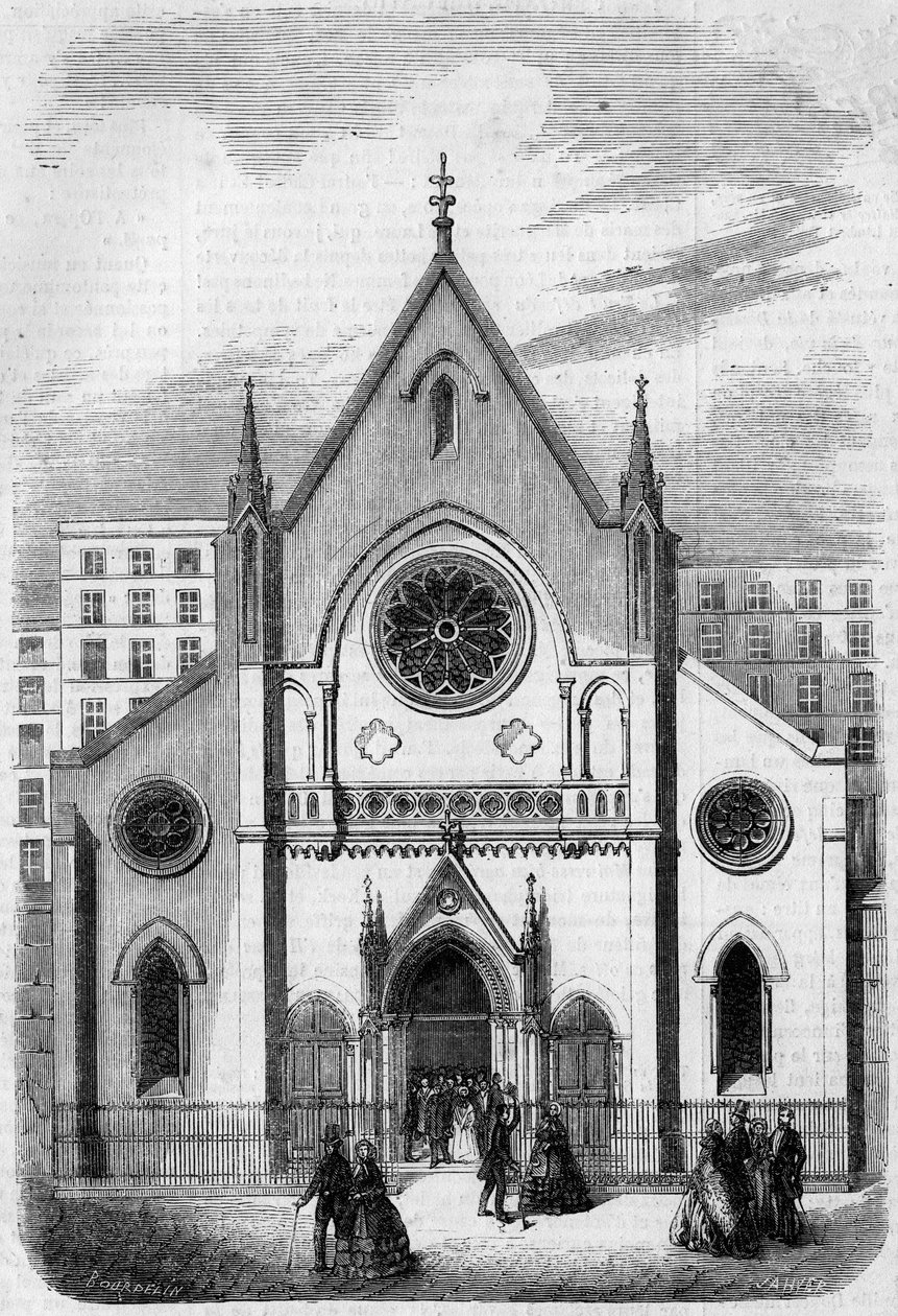 Religiöse Architektur: Ansicht der Fassade des Tempels für Amerikaner in Paris, Rue de Berry, im Jahr 1857. Gebäude erbaut von Architekt Mr. Salmon. Gravur in „Le Monde Illustré“ Nr. 33 vom 28. November 1857. von French School