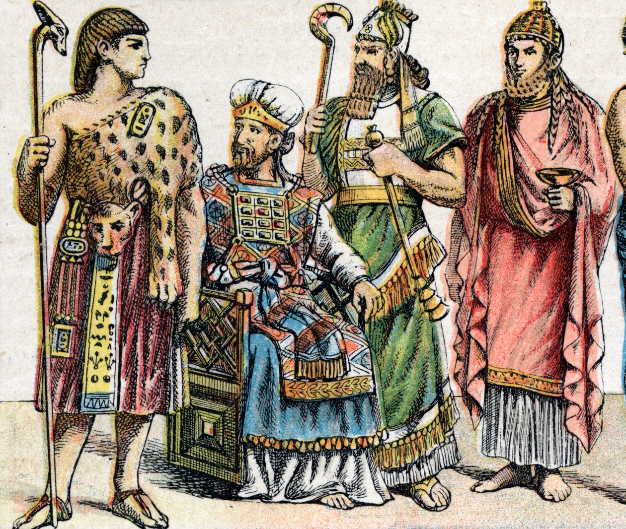 Religiöse Kostüme in der Antike: Porträt eines ägyptischen Hohepriesters, eines hebräischen Hohepriesters, eines assyrischen Königs in Amtstracht und eines phönizischen Priesters, Gravur von French School