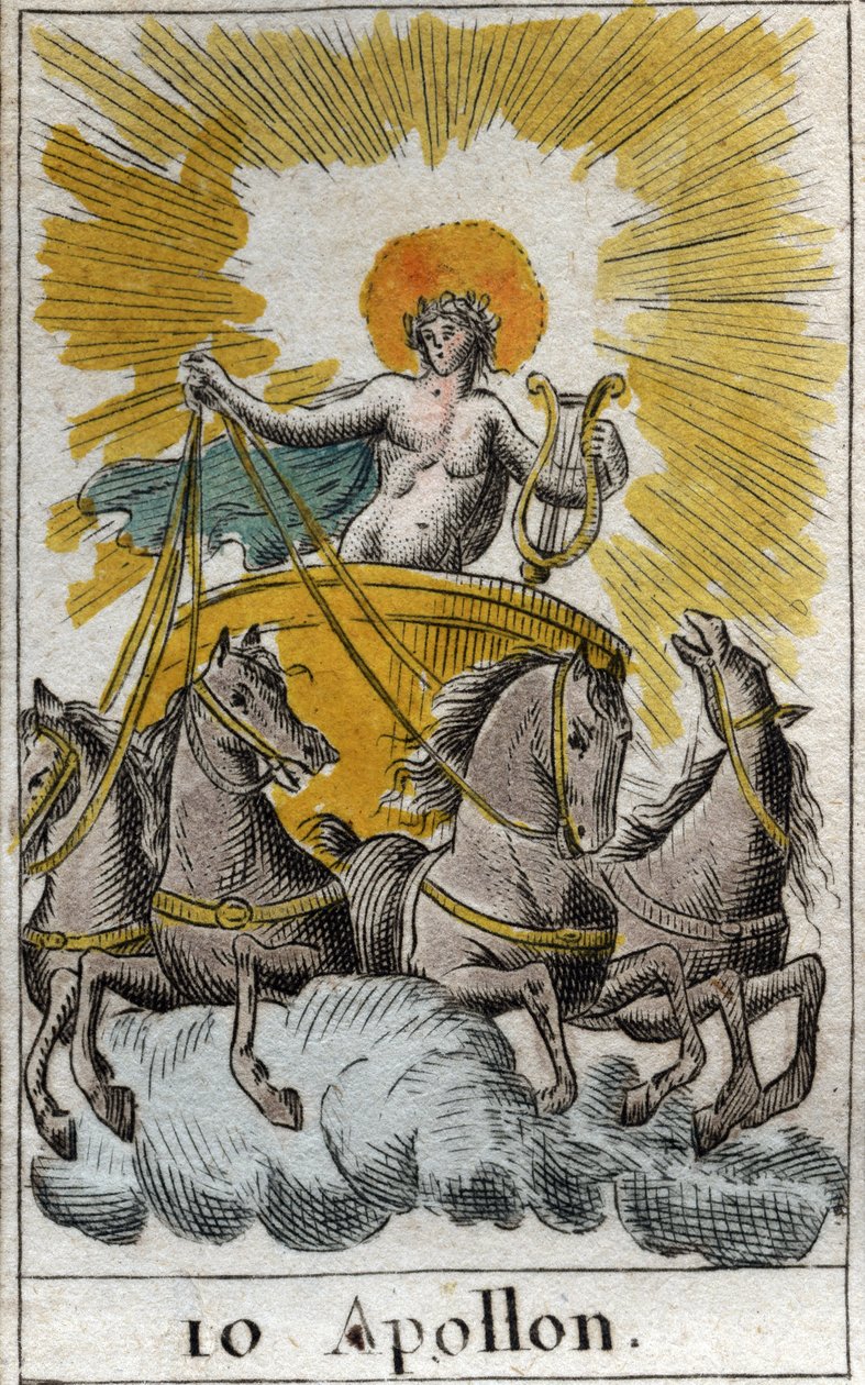 Darstellung von Apollo, Gott des Gesangs, der Musik und der Poesie, auf seinem Wagen. Aus „Mythologie der Jugend“ von Pierre Blanchard 1803. von French School