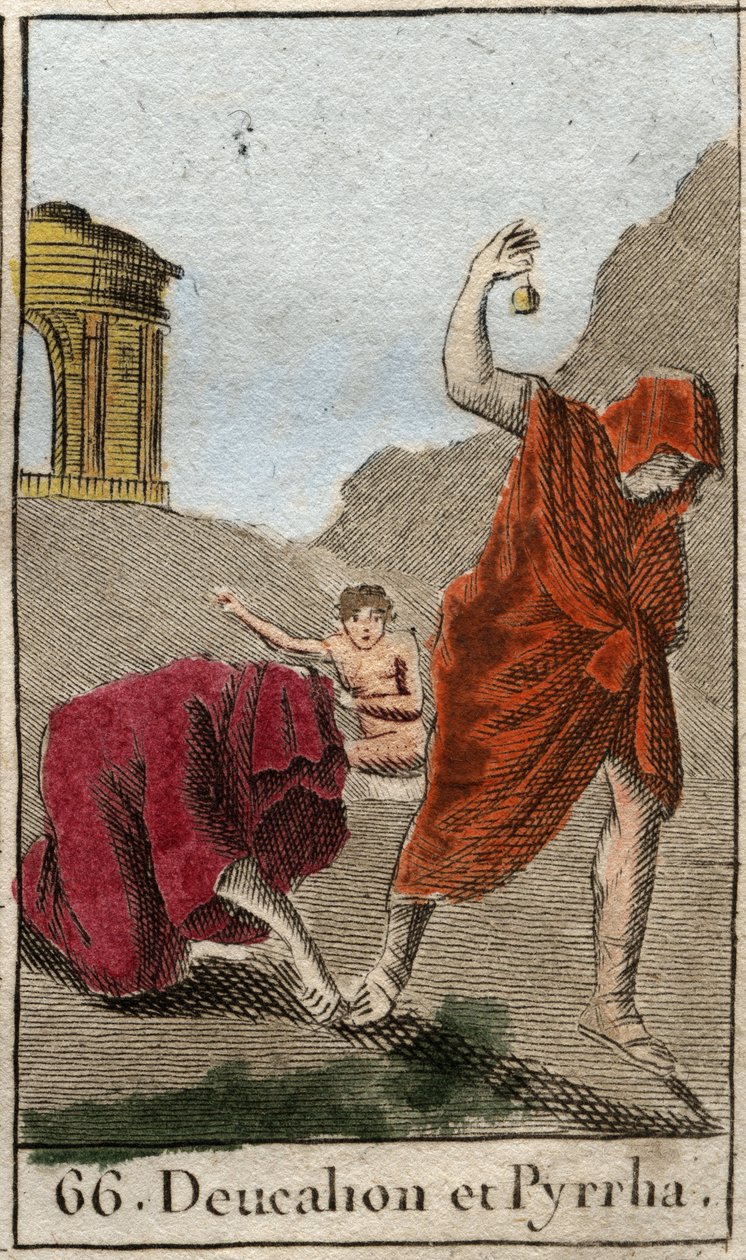 Darstellung von Deukalion und Pyrrha, die einzigen Überlebenden nach der Sintflut, die von Zeus verursacht wurde, um die Menschheit zu vernichten. Themis nach der Sintflut bittet sie, den Kopf bedeckt zu gehen und hinter sich die Knochen ihrer Mutter (die  von French School