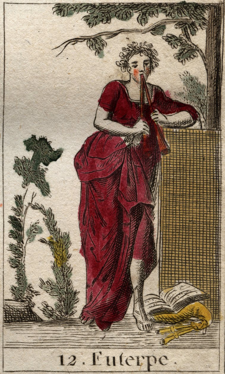 Darstellung von Euterpe, Muse der Musik, umgeben von Musikbüchern und spielend auf einer Doppelflöte (Aulos). Aus „Mythologie der Jugend“ von Pierre Blanchard 1803 von French School