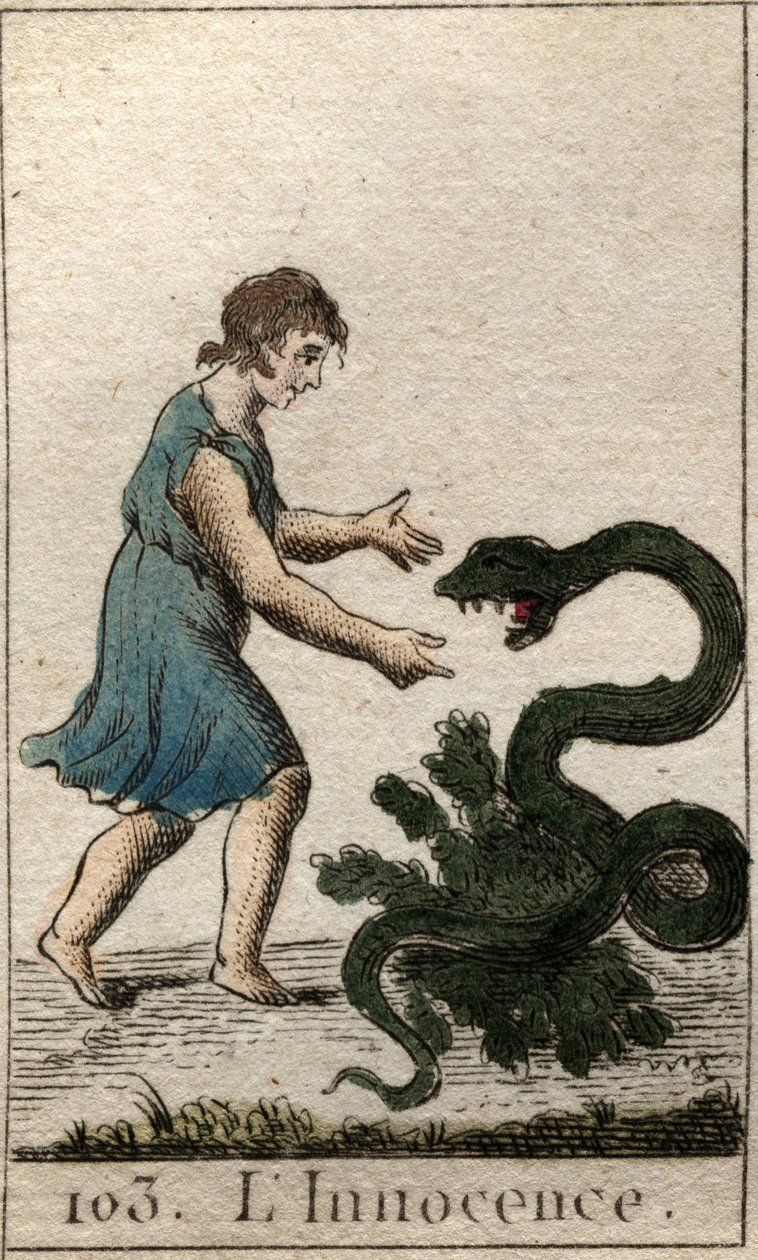 Darstellung der Unschuld als Kind, das eine gefährliche Schlange füttert. Aus „Mythologie der Jugend“ von Pierre Blanchard 1803 von French School