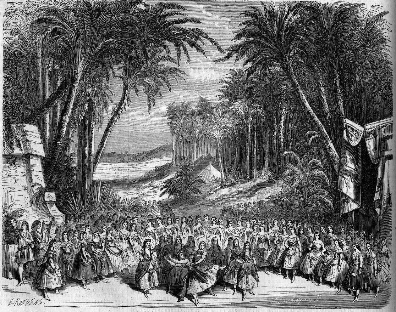 Darstellung einer Oper: Bühnenbild des 2. Aktes von „Die Königin von Saba“ nach einem Libretto von Michel Carré (1819-1872) und Jules Barbier (1822-1901) und Musik von Charles Gounod (1818-1893). Paris, Théâtre de l
