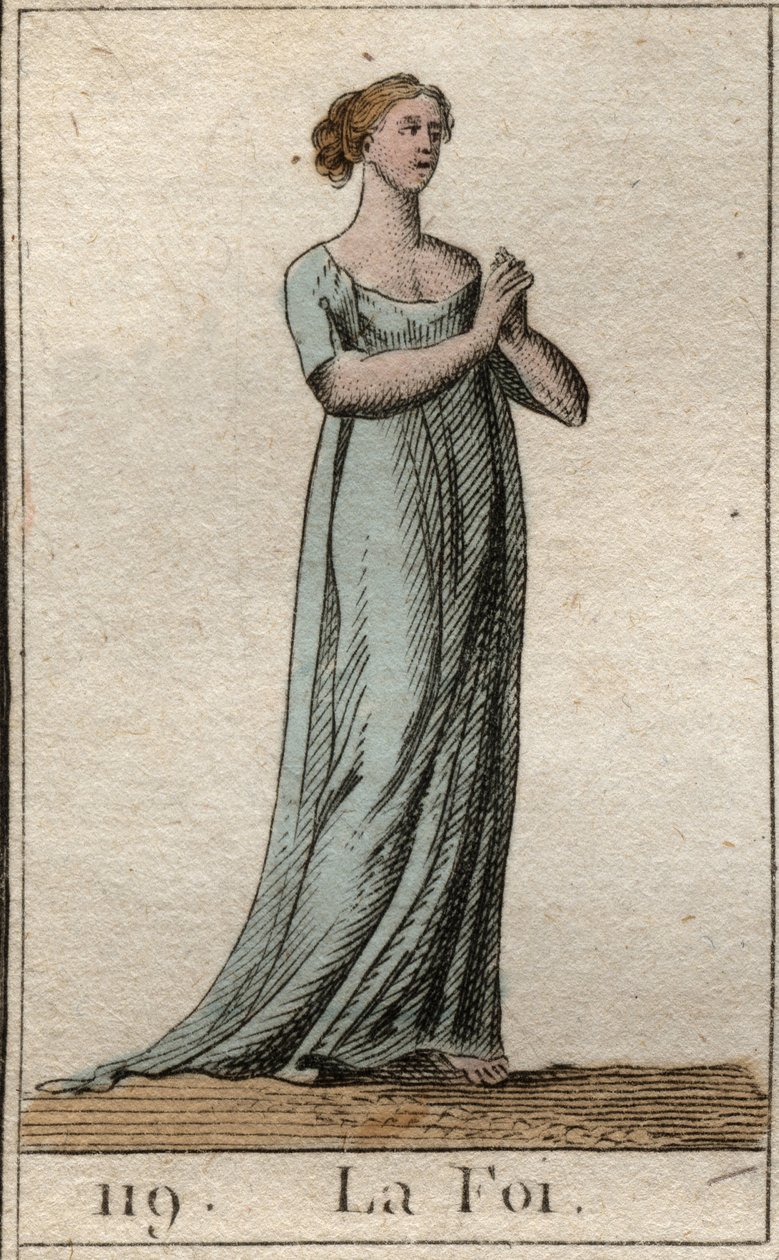 Darstellung des Glaubens, Frau in Weiß gekleidet mit gefalteten Händen. Aus „Mythologie der Jugend“ von Pierre Blanchard 1803 von French School