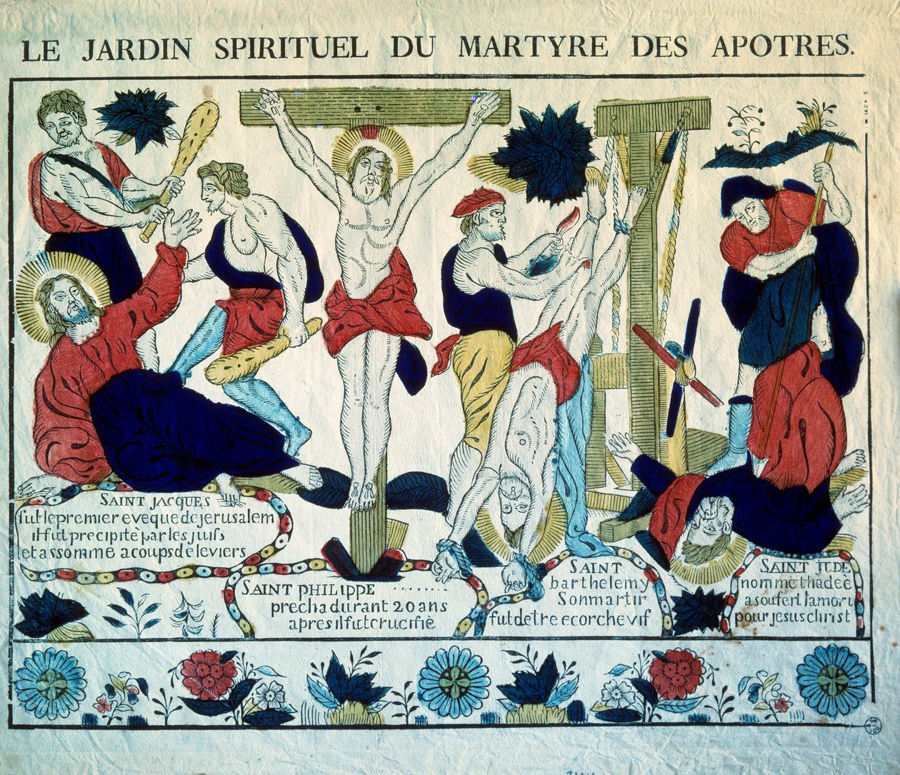 Darstellung der Märtyrer der Apostel Saint James, Saint Philip, Saint Barthelemy und Saint Jude. Gravur des 19. Jahrhunderts. Paris, Museum der Volkskunst und Traditionen von French School