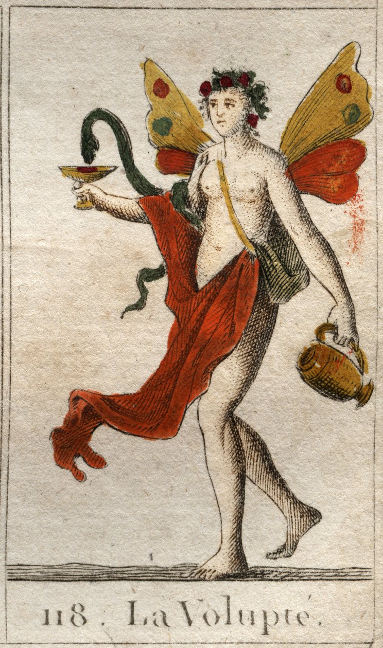 Darstellung der Volupté, nackte Frau mit Rosen gekrönt, sie hält einen Becher oder eine Schlange zieht einen köstlichen Likör. Aus „Mythologie de la jeunesse“ von Pierre Blanchard 1803. von French School