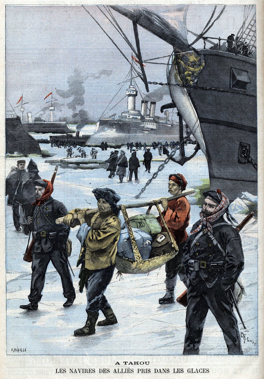 Aufstand der Boxer (1898-1900) die Schiffe der Alliierten im Eis Atakou. in „Le Petit Parisien“ von French School