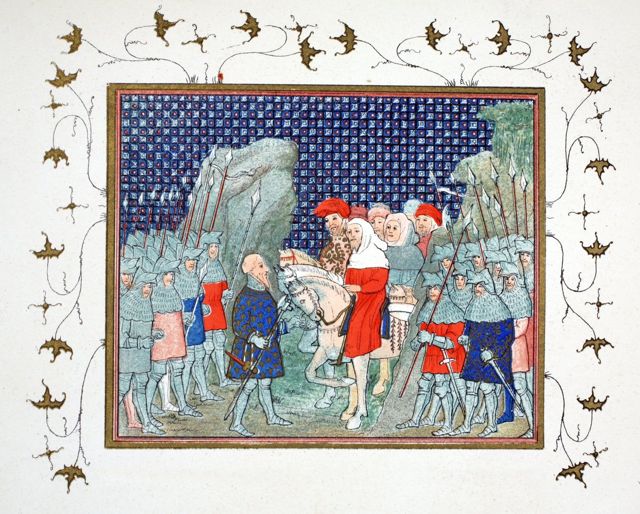 Richard II. wird in Penmaur Rhos verraten und vom Herzog von Northumberland gefangen genommen, Faksimile-Kopie aus Le Prinse et Mort du Roy Richart von Jean Creton, nachgedruckt im 19. Jahrhundert von French School