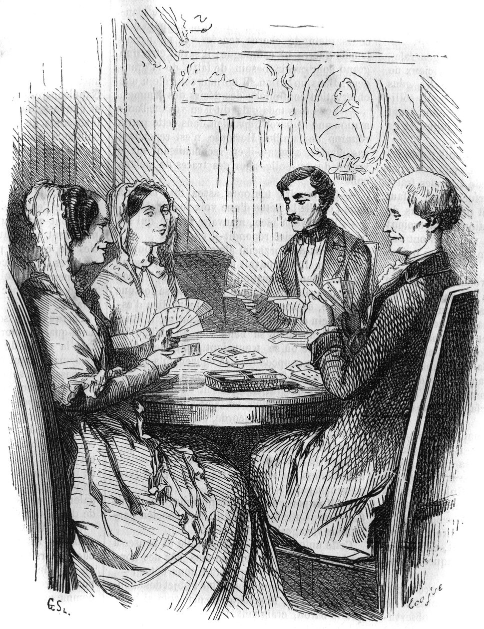 Romanserie: „Der Graf von Monte Christo“ von Alexandre Dumas (1802-1870). Ein Kartenspiel zwischen vier Charakteren. Gravur in „Les bons romans“ von French School