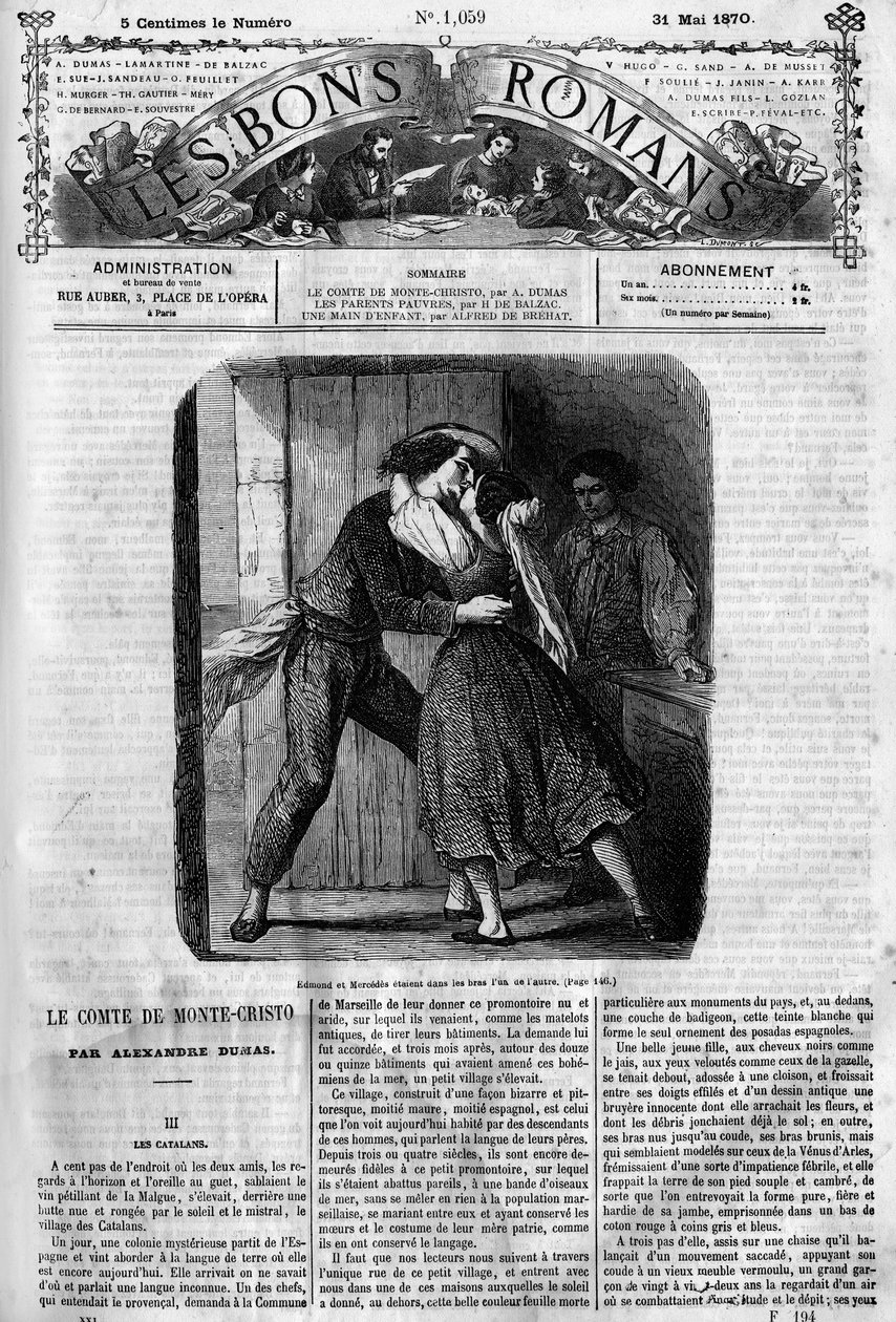 Romanserie: „Der Graf von Monte Cristo“ von Alexandre Dumas. Sexszene zwischen Edmond Dantes und Mercedes. Gravur in „Les bons romances“. von French School