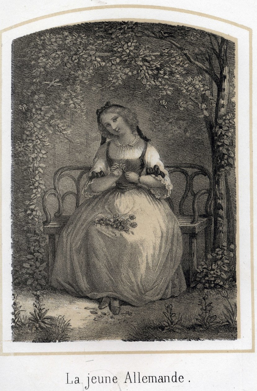 Romantik: eine junge deutsche Frau sitzt auf einer Bank und zupft eine Gänseblümchen, während sie an ihren Liebhaber denkt. Anonyme Gravur des 19. Jahrhunderts von French School