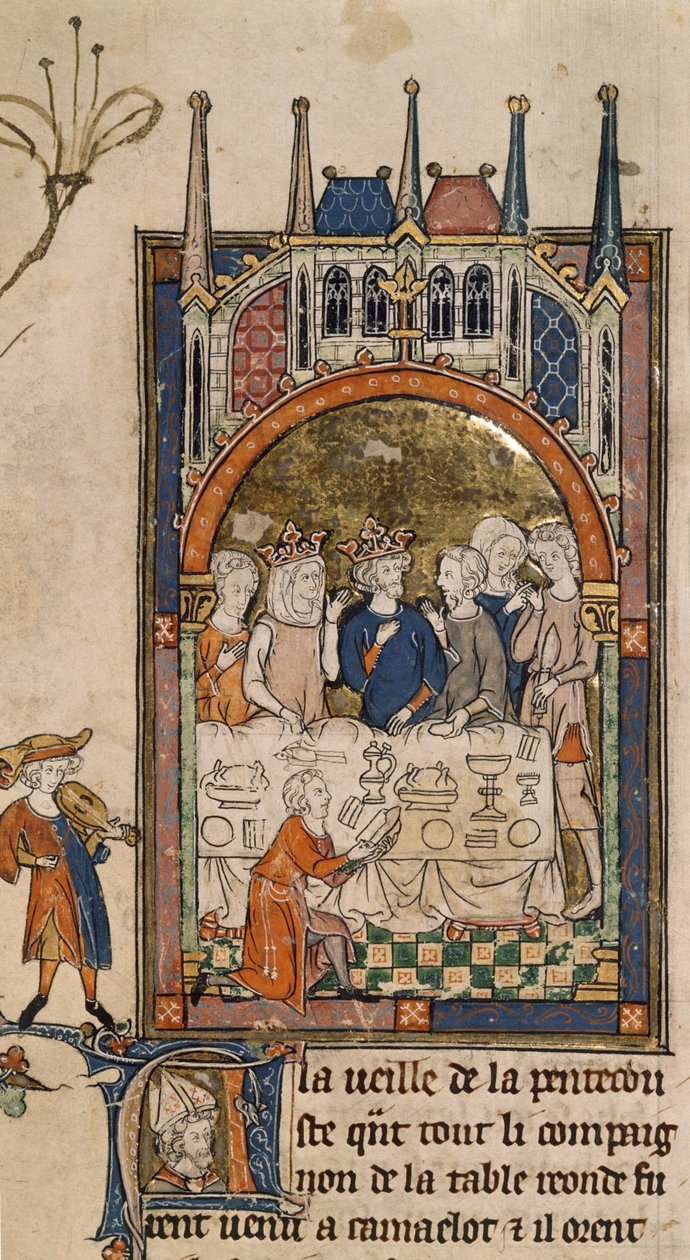 König Arthurs Festmahl, König Arthur und Guinevere bei einem Bankett, mit einem Diener, der vor dem Tisch kniet und Brot schneidet, aus 