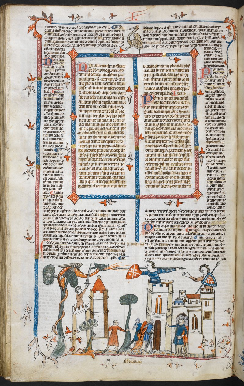 Szene eines Drachen, der eine Burg angreift, ca. 1300-40 von French School